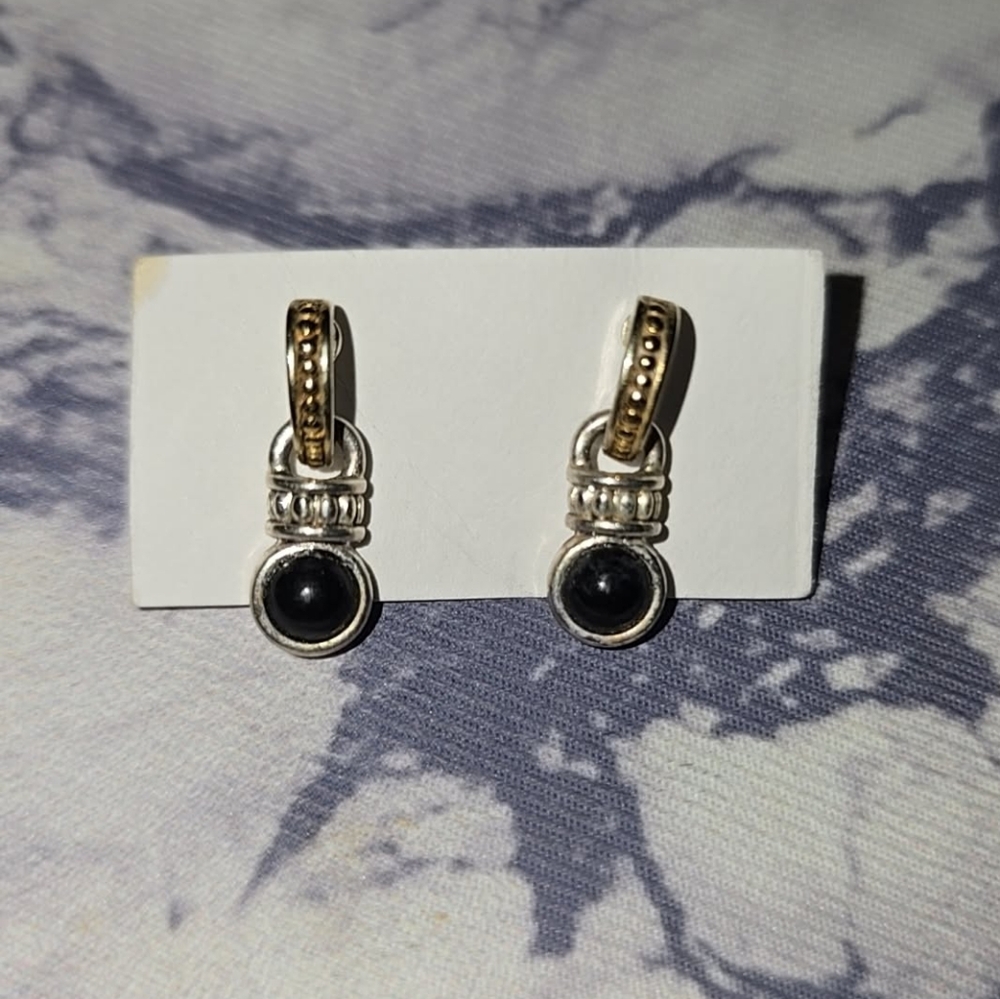 Silver and Gold Tone Earrings with Black Stone